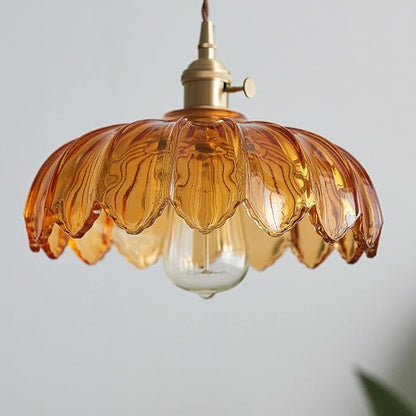 LITFAD Scalloped Glass Flower Ceiling Hanging Light Industrial Single Dining Room Hanging Pendant Light Retro Pendant Lamp for Restaurant Hallway Bar Dining Room - 110V-120V Tan