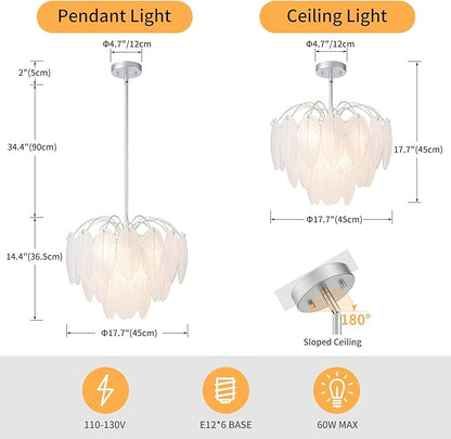 LumFurn 6-Light Glass Chandeliers, Modern 3-Tier Pendant Light Fixture for Dining Room, Living Room, D17.7 x H19~51 Inch Adjustable Height, Frosted Feather-Shaped Glass Shade & Chrome Finish Frame