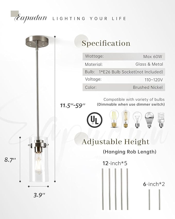 EAPUDUN Pendant Light (2 Packs), Kitchen Ceiling Hanging Light, Adjustable Height, Kitchen Light Fixtures Brushed Nickel Pendant Lights, Farmhouse Pendant Lighting for Sink Island, Home Décor Lighting
