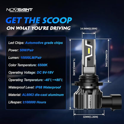 NOVSIGHT 9006 HB4 LED Light Bulbs - 500% 20,000LM Super Brighter 6500K Cool White Light Bulbs, 1:1 Design 50000+ Lifespan, Easy Installation, 9006 HB4 Automotive Fog Lamps, Pack Of 2