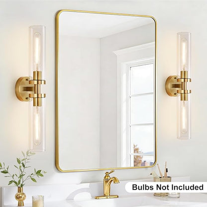 Indoi Brushed Gold Wall Sconces, Hardwired Bathroom Sconces Wall Lighting with Clear Glass, Modern Sconces Wall Light fixtures for Bathroom Mirror Living Room Hallway Bedroom