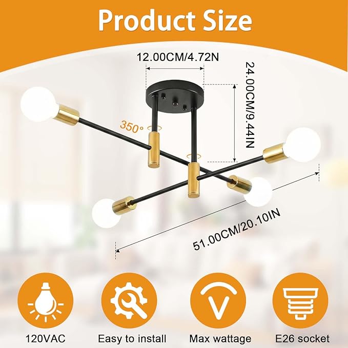 Modern Sputnik Chandelier 4-Light Adjustable Ceiling Light Fixture Black and Gold Semi Flush Mount Ceiling Lamp with E26 Base Industrial Ceiling Light for Dining Room Bedroom Living Room