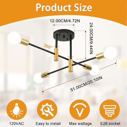 Modern Sputnik Chandelier 4-Light Adjustable Ceiling Light Fixture Black and Gold Semi Flush Mount Ceiling Lamp with E26 Base Industrial Ceiling Light for Dining Room Bedroom Living Room