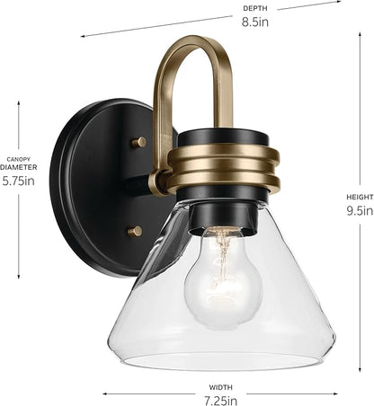 Kichler Farum 7.25" 1-Light Wall Sconce Bathroom Vanity Light Fixture with Clear Glass in Black for Fireplace, Kitchen, Bedroom, Hallway, or Vanity (7.25" W x 9.5" H) 55153BKCLR