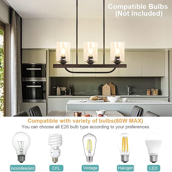 Depuley 3- Light Rustic Pendant Light Fixture, Flush Mount Ceiling Hanging Light with Glass Shade, Adjustable Farmhouse Black Chandelier Lighting for Kitchen Island Dining Room Restaurant, E26 Base