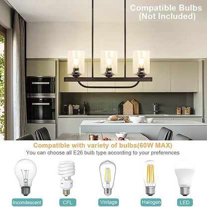 Depuley 3- Light Rustic Pendant Light Fixture, Flush Mount Ceiling Hanging Light with Glass Shade, Adjustable Farmhouse Black Chandelier Lighting for Kitchen Island Dining Room Restaurant, E26 Base
