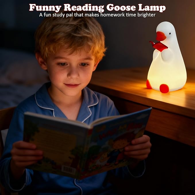 Funny Night Light for Kids, Reading Goose Silicone Night Light, Dimmable Bedside Lamp with Timer, LED Squishy Rechargeable Lamp, Cute Animal Decor Gift for Toddler Boys Girls Nursery Bedroom (Goose)