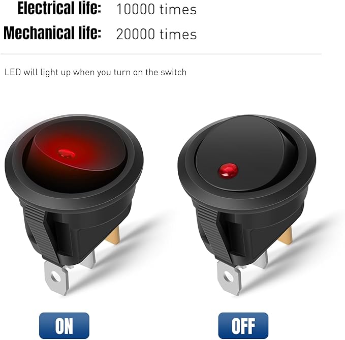 Nilight 12PCS Round Rocker Switches 12V 24V 20A Red LED Toggle swtiches SPST 3 Pin 2 Position for Car Truck Vehicle Boat Marine Rocker On Off Control