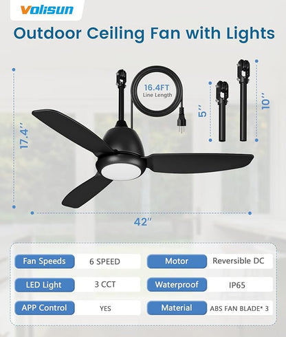 VOLISUN Outdoor Ceiling Fans with Light for Patios, 42in Weatherproof Plug in Ceiling Fan, 3CCT Dimmable Gazebo Fan Remote&APP Control, Black Caged Ceiling Fan for Porch, Pergola,Canopy,Pavilion