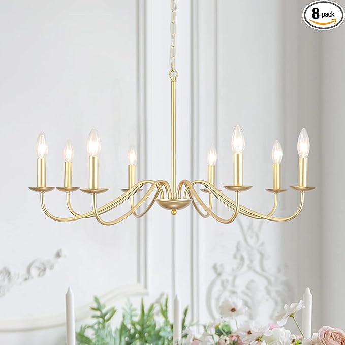 Gold Chandelier 8-Light Modern Farmhouse Chandelier Lighting Fixtures Rustic Candle Hanging Chandelier for Living Room Foyer Hallway Bedroom Kitchen
