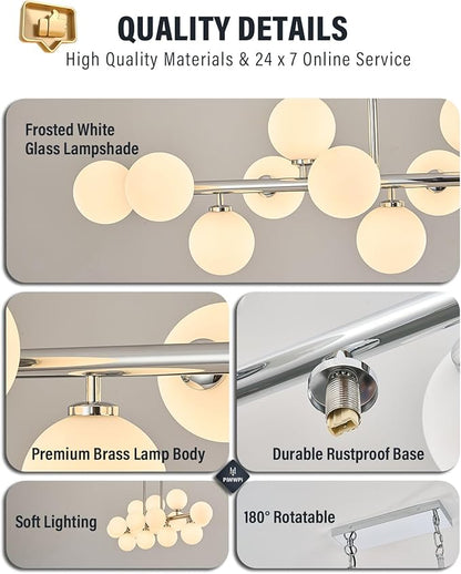 55" Long Chandeliers for Dining Room Kitchen Island, Large Globe Sputnik Linear Chandelier, 16 Lights Mid Century Modern Light Fixture Over Table, Chrome and Milk White Bubble, GC-08