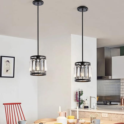 Modern One- Light 1XE26 Pendant Light Ceiling Hanging Light Fixture with K9 Crystals for Kitchen Restaurant Cafe Dining Room Island Light Black