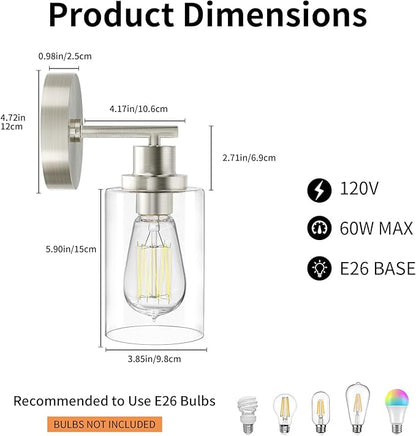 BUTHY Brushed Nickel Wall Light: LED Wall Sconces Indoor, Modern Sconces Wall Lighting with E26 Base and Clear Glass Shade, Wall Light Fixtures for Bedroom, Hallway, Mirror, Living Room