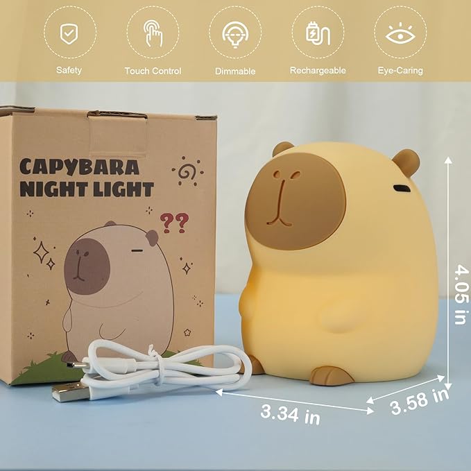 Capybara Night Light Cute Squishy Silicone Nursery Nightlight Dimmable Rechargeable Animal Bedside Lamp with Timer & Tap Control, Christmas Gift