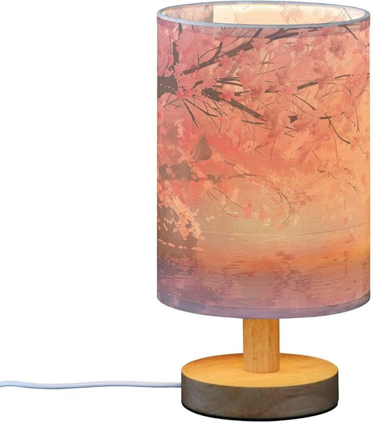 Bedside Table Lamp Cherry Blossom Pink Floral Flower Nightstand Lamp with Wood Desk Lamps for Bedroom Living Room Nursery Office Home Decor