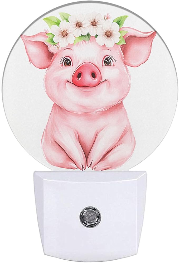 EKOBLA Pig Plug-in Night Light, Cute Pink Piggy & Floral Wreath LED Nightlight with Sensor, 0.5W Sleep Friendly for Gifts