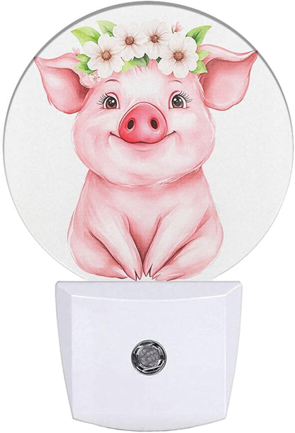 EKOBLA Pig Plug-in Night Light, Cute Pink Piggy & Floral Wreath LED Nightlight with Sensor, 0.5W Sleep Friendly for Gifts