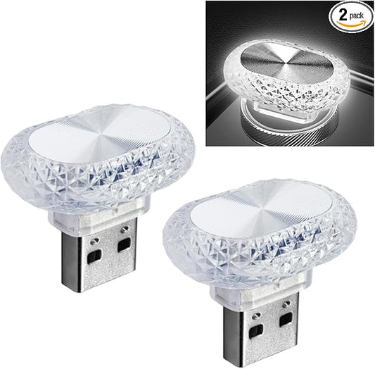 2PCS USB LED Car Interior Night Light, Crystal Mini Decoration Neno Ambient Light Car Interior Atmosphere Lamp, Plug-in USB Interface Auto Trunk Ambient Lighting Kit Universal for Cars (White)