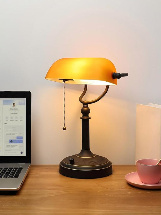 Matted Amber Glass Bankers Desk Lamp, Stepless Dimmable Table Lamp Plug in Fixture for Study, Home Office,Library, LED Bulb Included
