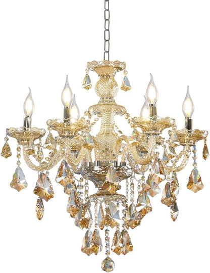 Modern K9 Crystal Chandelier Cognac 6 Lights, E12 Base Candle Crystal Pendant Lighting Fixture, Elegant Crystal Ceiling Light for Dinning Living Room Bedroom Hallway (6 Lights)
