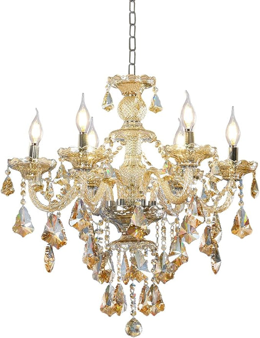Modern K9 Crystal Chandelier Cognac 6 Lights, E12 Base Candle Crystal Pendant Lighting Fixture, Elegant Crystal Ceiling Light for Dinning Living Room Bedroom Hallway (6 Lights)