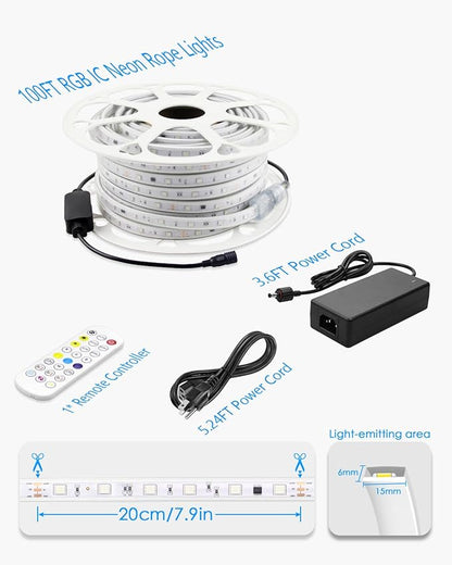 ALITOVE Permanent Outdoor LED Strip Lights 100FT Waterproof 24V RGB IC LED Strip Lights Addressable LED Rope Lights IP67 Music Sync with Remote APP Control for Wall Patio Eave Garden Pool Party Decor