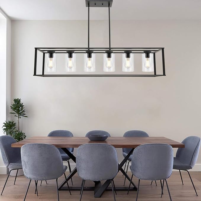 6-Light Chandeliers Black Finished Farmhouse Dining Room Lighting Fixtures Hanging Industrial Modern Kitchen Island Pendant Lighting with Clear Glass Ceiling Lights for Restaurant Bar Hotel