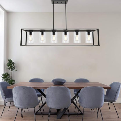 6-Light Chandeliers Black Finished Farmhouse Dining Room Lighting Fixtures Hanging Industrial Modern Kitchen Island Pendant Lighting with Clear Glass Ceiling Lights for Restaurant Bar Hotel