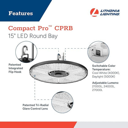Lithonia Lighting Compact Pro Round LED High Bay Light, Ceiling Lighting Fixture, Adjustable 21000/24000/27000 Lumens, Selectable 4000K/5000K, UVOLT 120–347V, Black (CPRB ALO14 UVOLT SWW9 80CRI DBL)