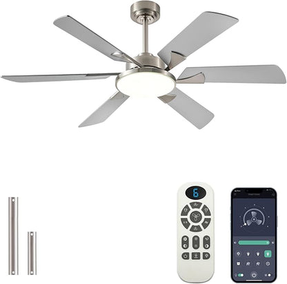 JSAITEE 52 Inch Low Profile Ceiling Fan with Light, Remote & App Control, 3CCT Dimmable,6 Speed 6 Blades Ceiling Fans, Quiet Reversible DC Motor, Modern Nickel Ceiling Fan for Bedroom Living Room