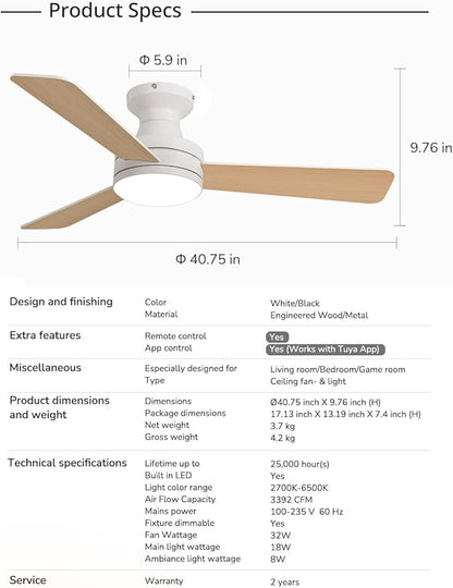 Orison 42-Inch Ceiling Fans with Lights, Low Profile, Flush Mount, Features RGB Backlight, Dimmable Lighting, 6 Speeds, 3 Reversible Blades, Remote and App Control, White