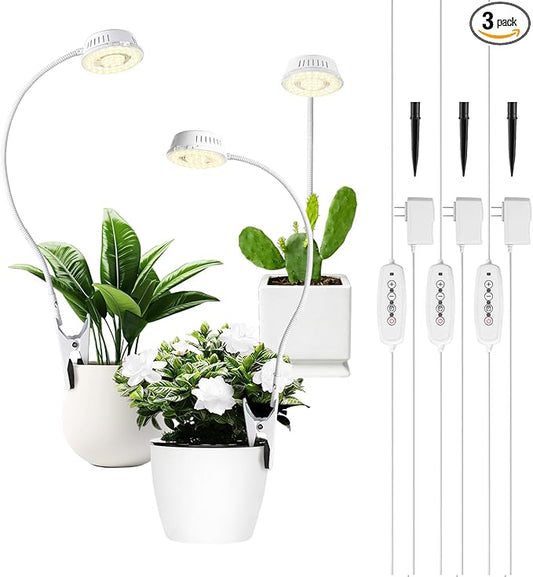 LORDEM Grow Lights for Indoor Plants, Clip-on Gooseneck Plant Lights for Indoor Growing，Full Spectrum LED Plant Light with 5 Dimming Levels,Auto On/Off Timer (6/8/12/16 Hrs),White,3 Packs
