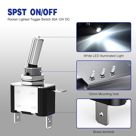 Nilight 3PCS White LED Toggle Switches 12V 20A 3 Pin 2 Position ON Off SPST Heavy Duty Rocker Switch for Auto Car Marine RV Vehicles Truck Boat Dash