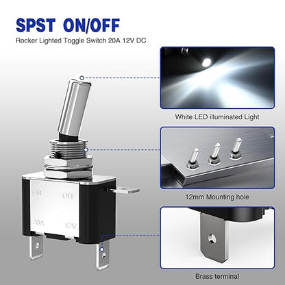 Nilight 3PCS White LED Toggle Switches 12V 20A 3 Pin 2 Position ON Off SPST Heavy Duty Rocker Switch for Auto Car Marine RV Vehicles Truck Boat Dash