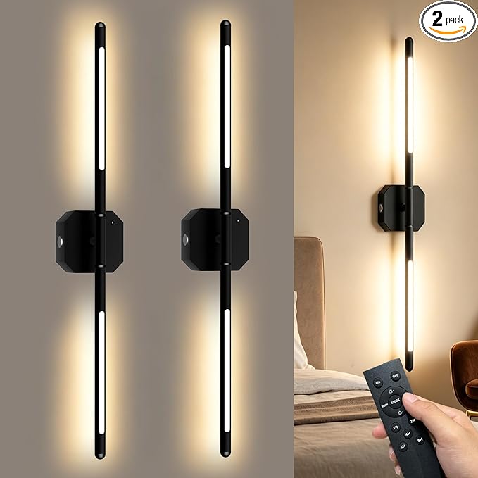 Rechargeable Wall Sconce Set of 2, 35Hrs+ Battery Operated Wall Lights, Wireless Wall Sconce with Remote, 360° Rotatable, Dimmable 3 Color LED Cordless Wall Sconce for Bedroom, Living Room, 27inBlack