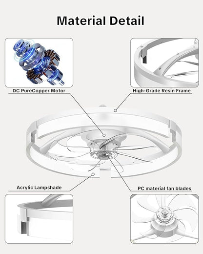 AIKVSXER 20" Ceiling Fan with Light, Modern Low Profile Fan Light, Quiet DC Motor, 6 Speeds, 3000K-6500K Dimmable LED, App & Remote Control, for Bedroom Living Room Indoor Home Decor
