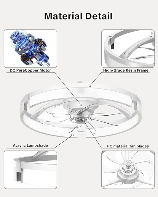 AIKVSXER 20" Ceiling Fan with Light, Modern Low Profile Fan Light, Quiet DC Motor, 6 Speeds, 3000K-6500K Dimmable LED, App & Remote Control, for Bedroom Living Room Indoor Home Decor