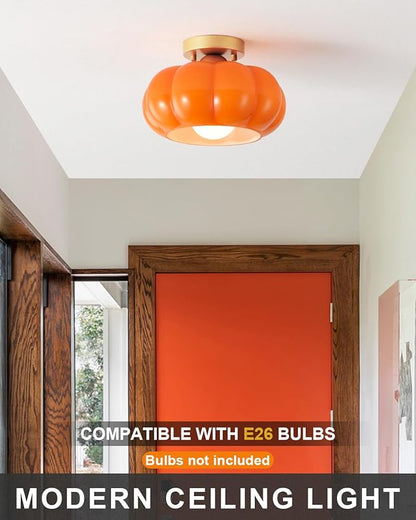 Vintage Semi Flush Mount Ceiling Light,Mid Century Modern Ceiling Light Fixtures,10 Inch Orange Glass Shade with a Gold Base,for Bedroom, Kitchen, Hallway, Entryway, and Balconie