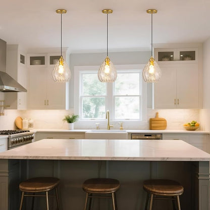 Glass Pendant Lights Kitchen Island 2 Pack,Modern Pendant Lights with Clear Hammered Glass Shade,Gold Adjustable Hanging Pendant Light fixtures for Kitchen Island Dining Room Bedroom(2 Pack)