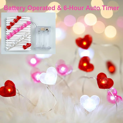 BOHON Valentine Day Decorations, 13 ft 40 LEDs Heart Lights String, Red White Pink Fairy String Lights Battery Operated, Valentines Decor for The Home Galentines Day Indoor Garland Party with Timer