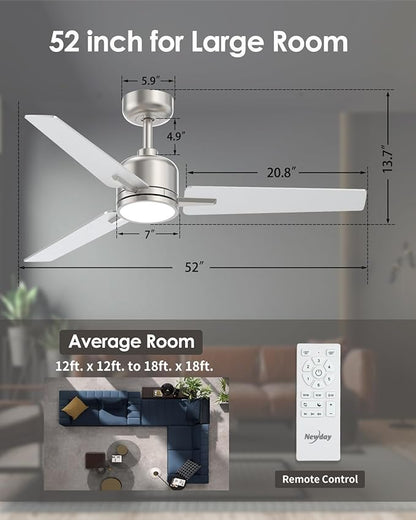 52 inch Ceiling Fans with Lights and Remote, Brushed Nickel Ceiling Fans Dimmable 3 Color Temperature, Timer, 3 Blades, 6 Speed Modern Fan Quiet Reversible DC Motor for Indoor or Covered Outdoor