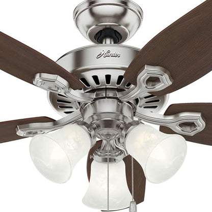Hunter 42 inch Indoor Ceiling Fan with LED Lights - Ceiling Fan with Pull Chain, For Bedroom or Living Room, Standard Mount, No Remote, 5 Blades, Includes Bulbs - Builder 52106, Brushed Nickel
