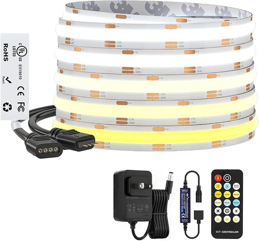 BTF-LIGHTING FCOB COB CCT 3000K-6000K Tunable White LED Strip with RF Remote,UL Listed 24V 24FT 640LEDs/m Super Bright Dimmable Tape Light for Bedroom Kitchen Under Cabinet Indoor Decor