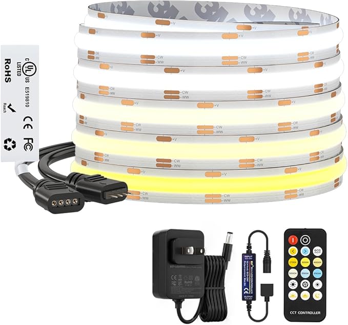 BTF-LIGHTING FCOB COB CCT 3000K-6000K Tunable White LED Strip with RF Remote,UL Listed 12V 16.4FT 640LEDs/m Super Bright Dimmable Tape Light for Bedroom Kitchen Under Cabinet Indoor Decor