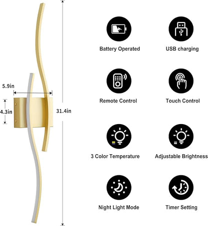 KARTOOSH Battery Operated Wall Sconces Set of Two with Remote Control, Dimmable/3 Colors/Night-Light/Timer/Memory, Gold Modern Wireless LED Sconce for Living Room, Hallway, Bedroom, 31.4 Inch (2 Pack)