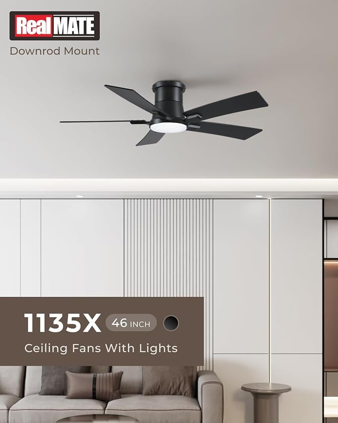 46 Inch Ceiling Fans with Lights and Remote, Black Low Profile Ceiling Fan, Flush Mount Style with 5 Blades, For Indoor Bedroom Living Room/Outdoor, 6 Speed Reversible DC Motor, 3CCT Dimmable LED