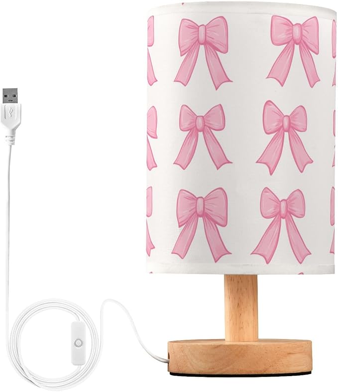 Bedside Table Lamp Cute Pink Bows Nightstand Lamp with Wood Desk Lamps for Bedroom Living Room Nursery Office Home Decor