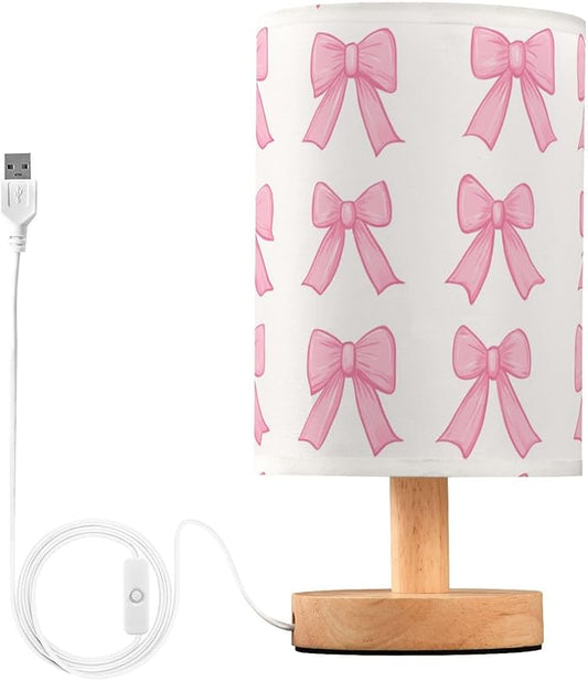 Bedside Table Lamp Cute Pink Bows Nightstand Lamp with Wood Desk Lamps for Bedroom Living Room Nursery Office Home Decor