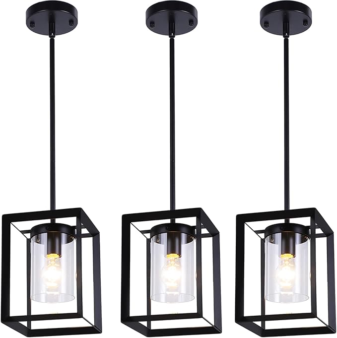 3 Pack Black Pendant Lights for Kitchen Island, Farmhouse 1-Light Iron Cage Metal Hanging Light with Clear Glass Shade, Industrial Lighting Fixtures for Living Room Bedroom Hallway Foyer