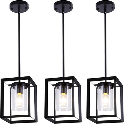 3 Pack Black Pendant Lights for Kitchen Island, Farmhouse 1-Light Iron Cage Metal Hanging Light with Clear Glass Shade, Industrial Lighting Fixtures for Living Room Bedroom Hallway Foyer
